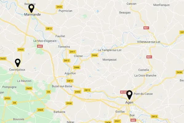 Carte du Lot-et-Garonne avec les agences I2C de Marmande et d'Agen
