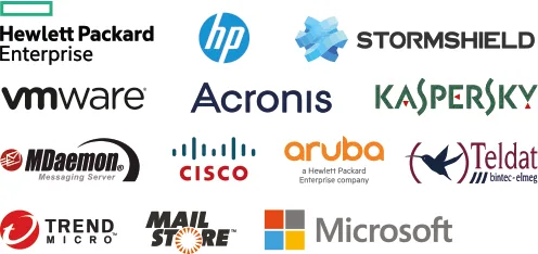 Marques partenaires d'I2C : Microsoft, HP, HPE, Stormshield, Cisco, Aruba, VMware